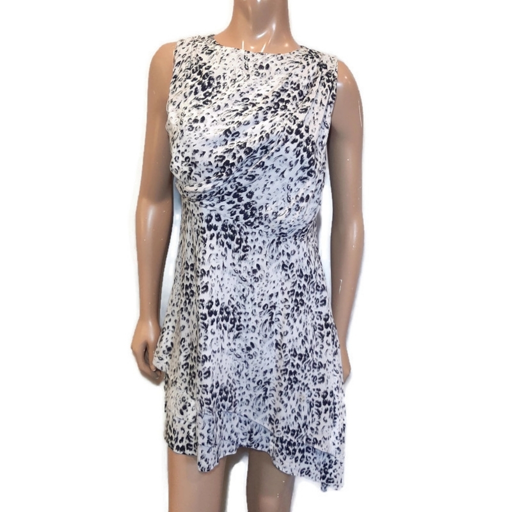 JACOB Sleeveless Leopard Print Mini Dress Asymmetric Pleated Layered